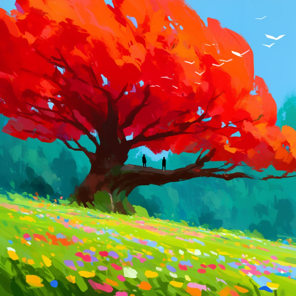 giant vibrant red and orange tree, two tiny silhouetted figures on a thick central branch, rolling green meadow of colorful flowers, teal forest background, clear blue sky with flying white birds, impressionistic digital painting, bold brushstrokes