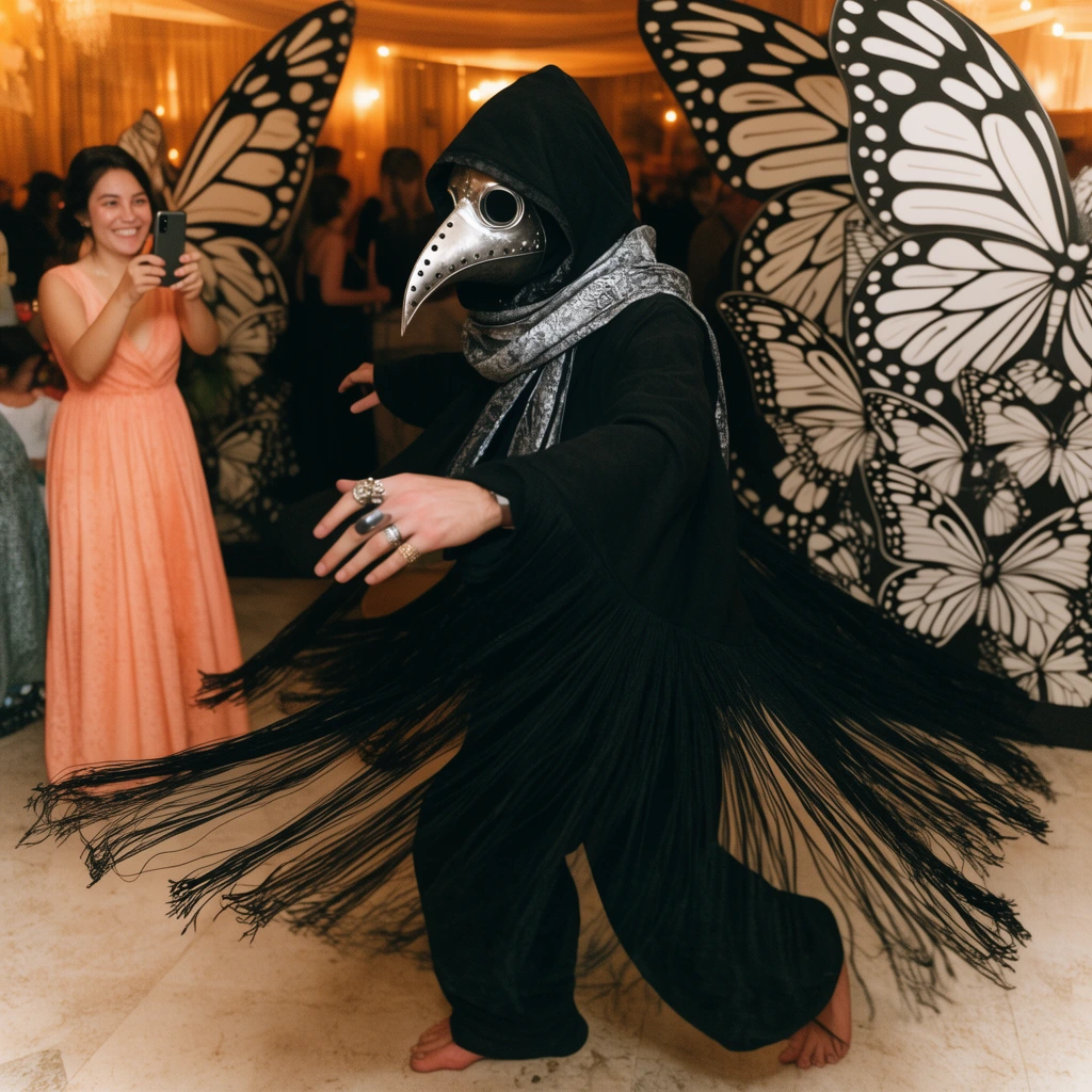 person mid-spin in a flowing black hooded cloak with long fringes, metallic silver plague doctor mask, patterned silver scarf, bare feet, left hand extended forward with rings, dynamic movement, indoor event, smiling woman in a peach dress taking a photo with a smartphone, large decorative panels with black and white butterfly wing patterns, warm ambient lighting, candid photography