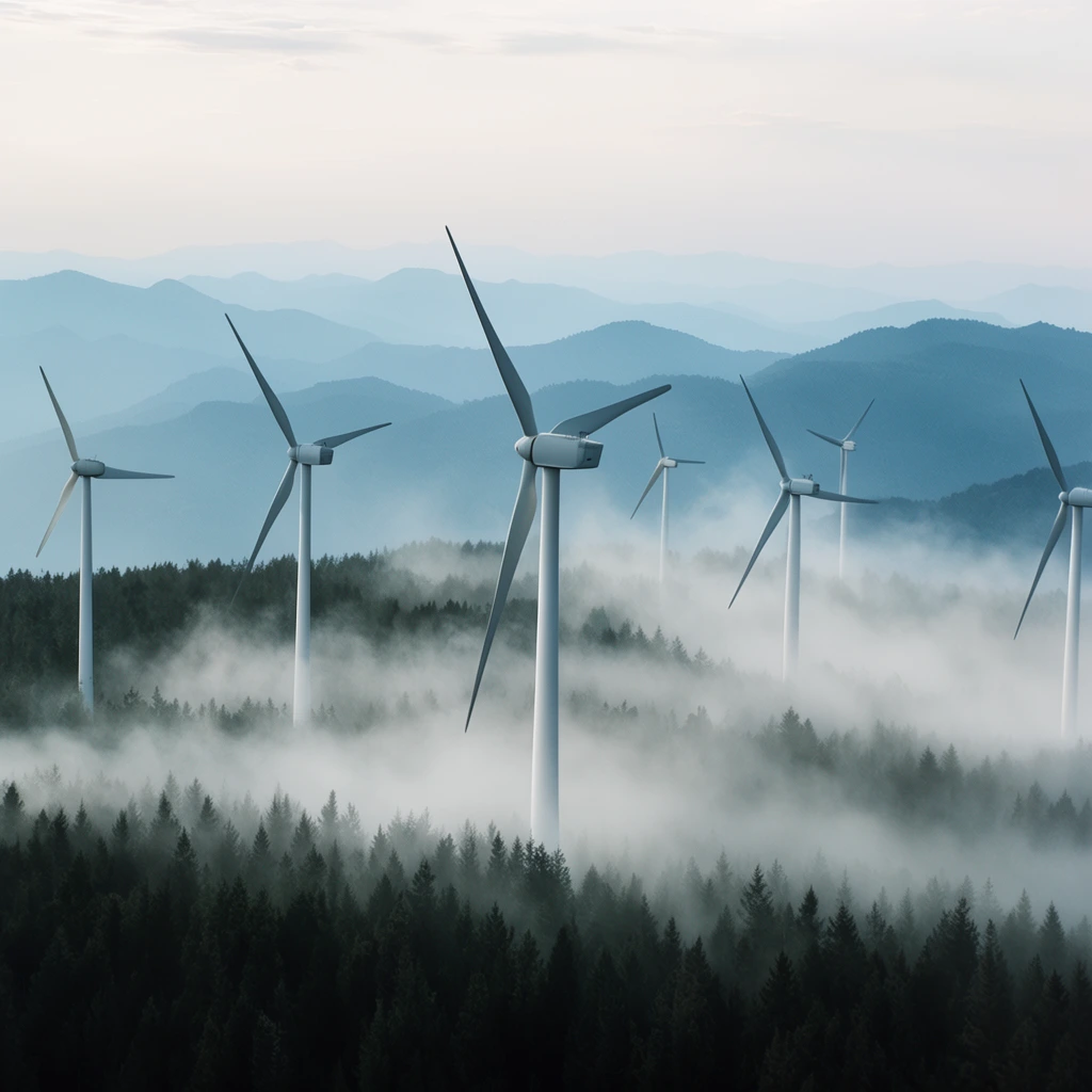 white wind turbines emerging from dark pine forest, thick rolling mist obscuring the lower tree line, layered blue mountain silhouettes fading into hazy pale sky, cinematic wide shot, soft diffused daylight, cool muted color palette, atmospheric depth