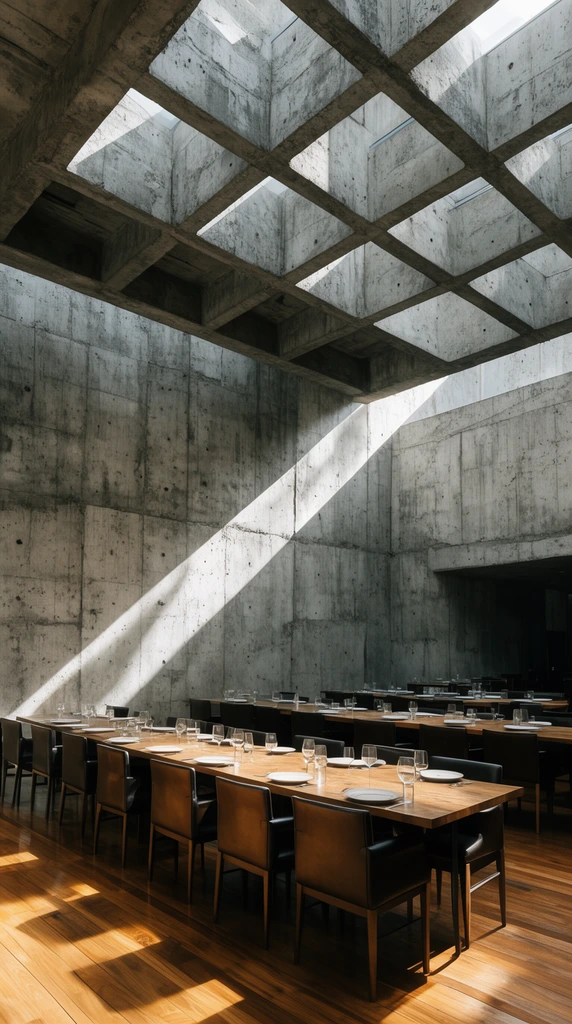 A brutalist dining interior defined by a massive concrete waffle slab ceiling and exposed walls. Sharp diagonal sunbeams slice across the textured concrete, illuminating long communal tables, dark leather chairs, and warm wooden floors.