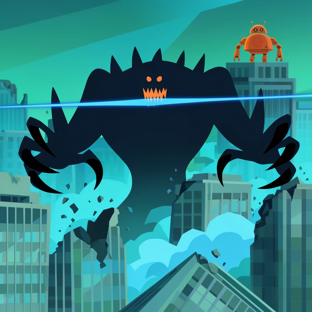 giant dark monster silhouette attacking city, sharp black claws, horizontal blue energy beam, crumbling geometric skyscrapers, cyan smoke, round orange retro robot on distant rooftop, 2D vector illustration, flat colors, teal and orange palette, stylized animation art