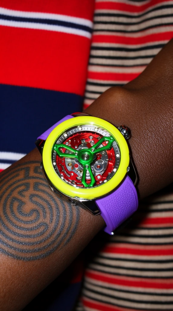 A close-up of a dark-skinned arm wearing a vibrant, skeletonized mechanical watch. The timepiece features a thick neon yellow bezel surrounding a complex dial with a bright green, three-pronged metallic rotor set over a red and silver geared mechanism. A textured purple silicone strap secures the watch to the wrist, resting above a circular labyrinth-style tattoo on the forearm. The soft-focus background displays bold striped fabrics, featuring thick red, navy, and white horizontal bands on the left and thinner red, black, and beige stripes on the right. Direct flash photography creates sharp shadows and emphasizes the glossy metallic textures and highly saturated color palette.
