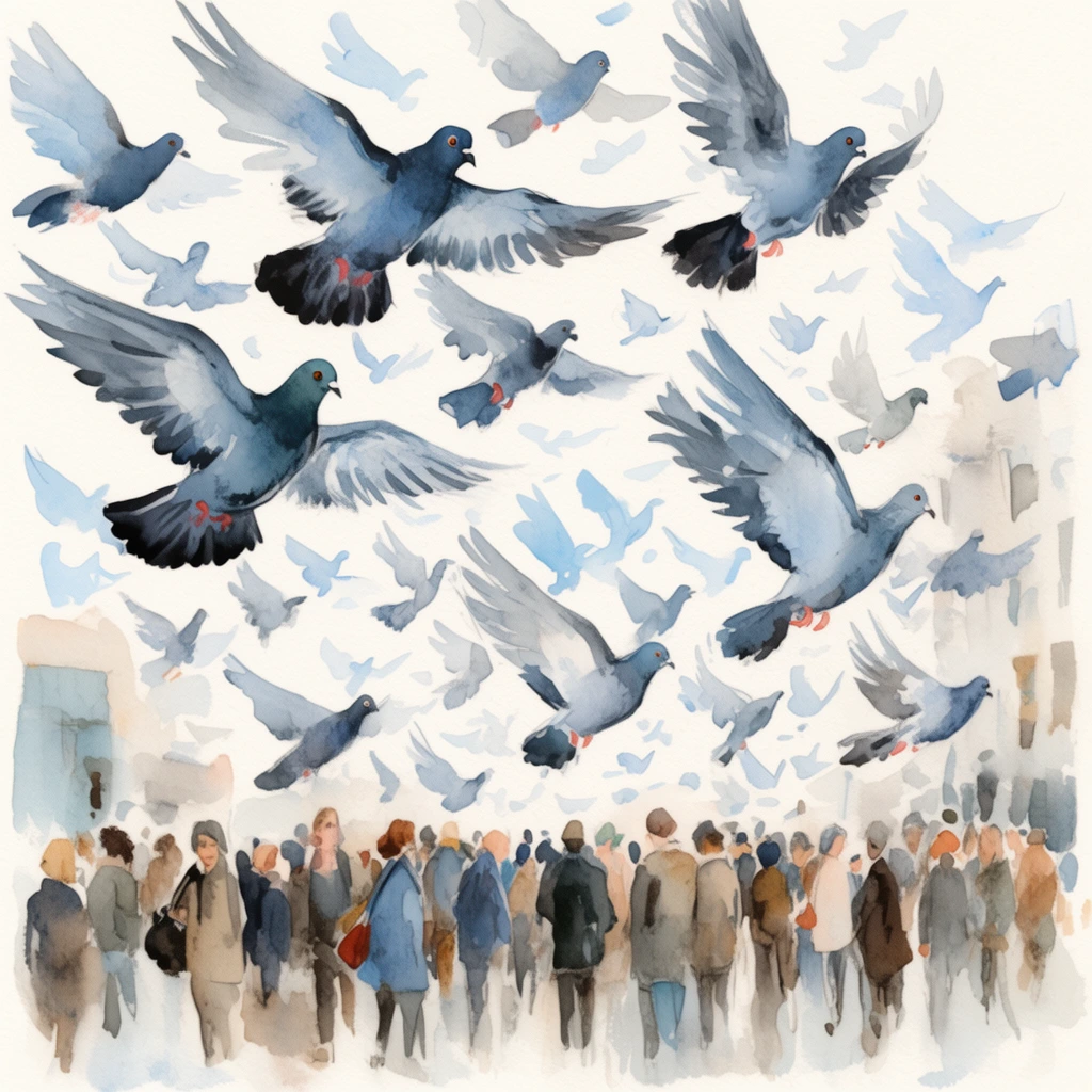 flock of flying pigeons filling the upper frame, dynamic outstretched wings, slate blue and charcoal feathers, bustling crowd of small pedestrians gathered below, urban street edge, loose watercolor illustration, impressionistic brushwork, delicate pale blue washes, muted earth tones, textured paper, fluid expressive style