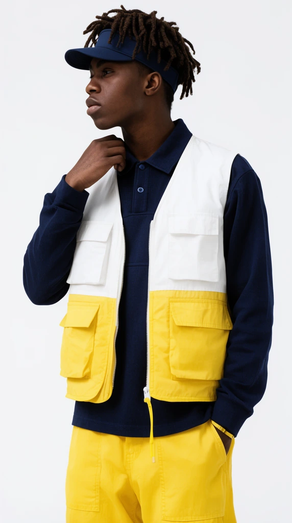 young Black man, dreadlocks, navy visor, white and yellow utility vest, navy shirt, yellow pants, hand on collar, streetwear fashion portrait, white background
