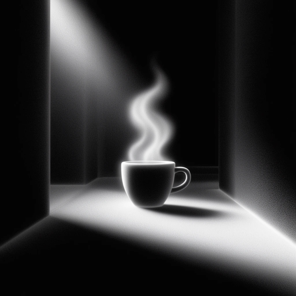A steaming cup positioned centrally in a darkened hallway, defined by a strict monochromatic black and white palette and extreme chiaroscuro lighting. A single, dramatic, ethereal spotlight beams from the upper left, piercing the absolute blackness to illuminate the cup and its rising, twisting steam with a brilliant, glowing luminescence. The surrounding corridor is reduced to abstract, minimalist geometry, indicated only by a stark, sweeping boundary of light washing across a smooth floor and fading into an impenetrable abyss of deep negative space. A fine, uniform, stippled noise texture blankets the entire scene, lending a surreal, frosted, matte 3D-rendered aesthetic that softens the gradients while maintaining the sharp, high-contrast interplay between the radiant central subject and the enveloping shadows.
