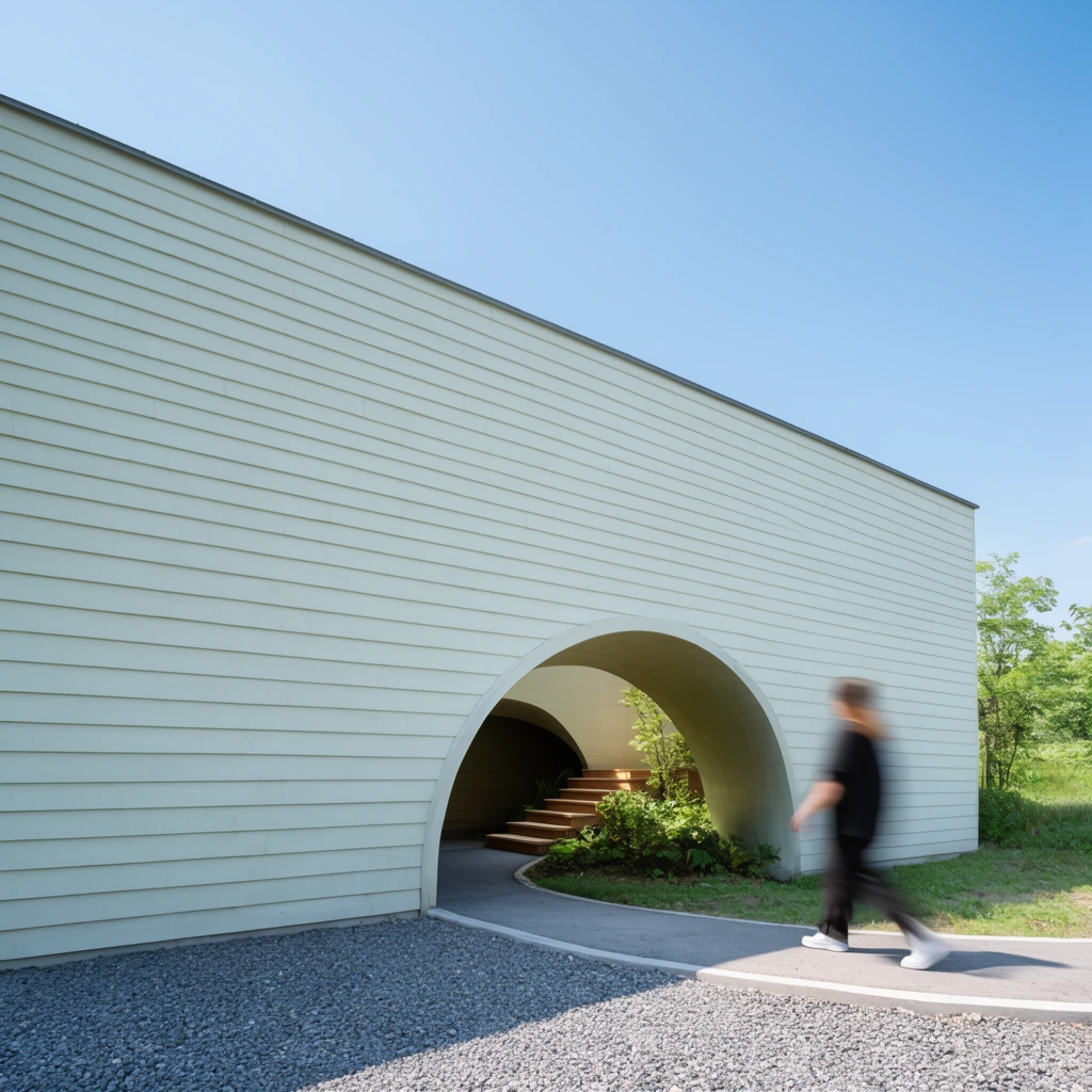 A minimalist building with pale siding features a large ground-level tunnel revealing wooden steps and greenery. A curved path bordered by gravel leads inside as a motion-blurred person walks out. Bright daylight highlights the clean geometry against a clear blue sky.