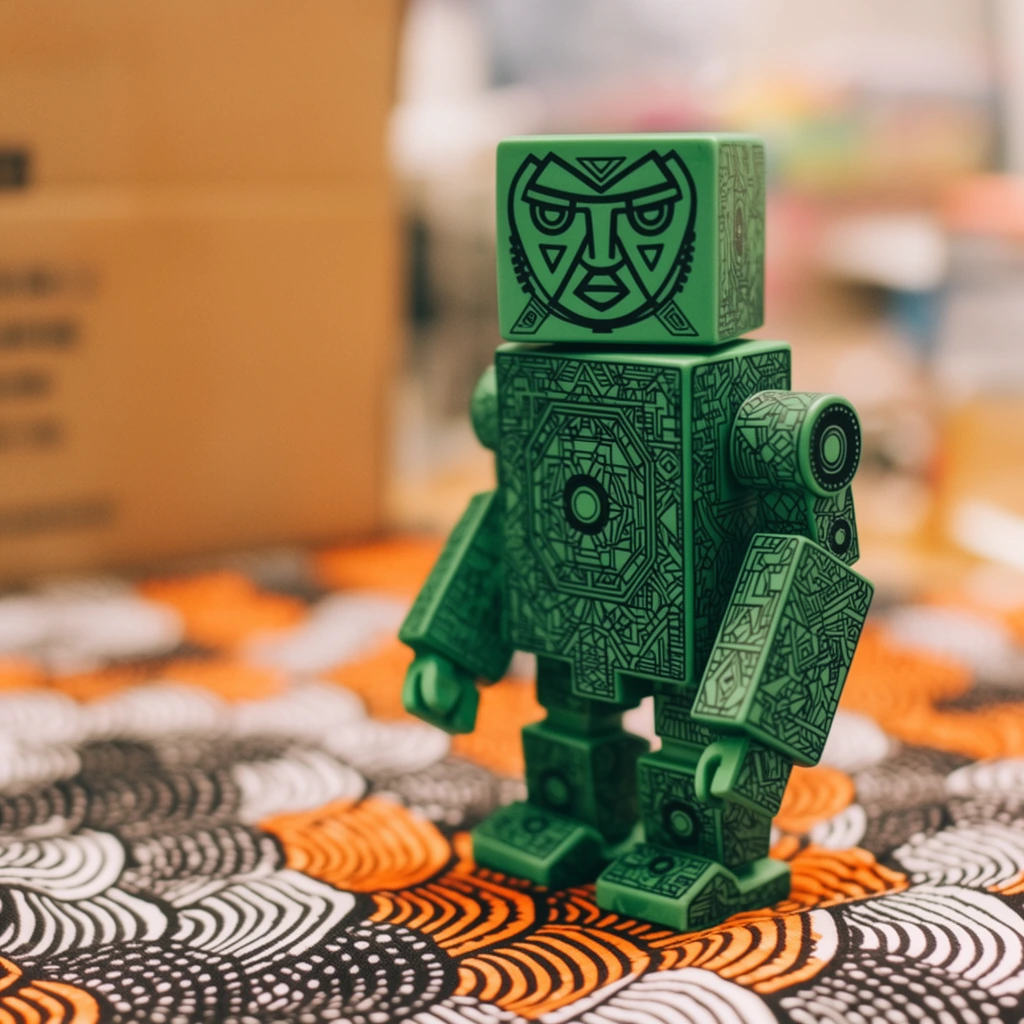 A small blocky green toy robot covered in intricate black geometric line art stands on a vibrant patterned fabric. The figure features a cube-shaped head with a stylized graphic face, a rectangular torso, and chunky articulated limbs. It rests on a textile surface adorned with overlapping circular motifs in black, white, and orange. The background is heavily blurred using a shallow depth of field, revealing a soft-focus brown cardboard box on the left and diffuse elements on the right. Warm diffused lighting highlights the complex details of the toy against the smooth bokeh.