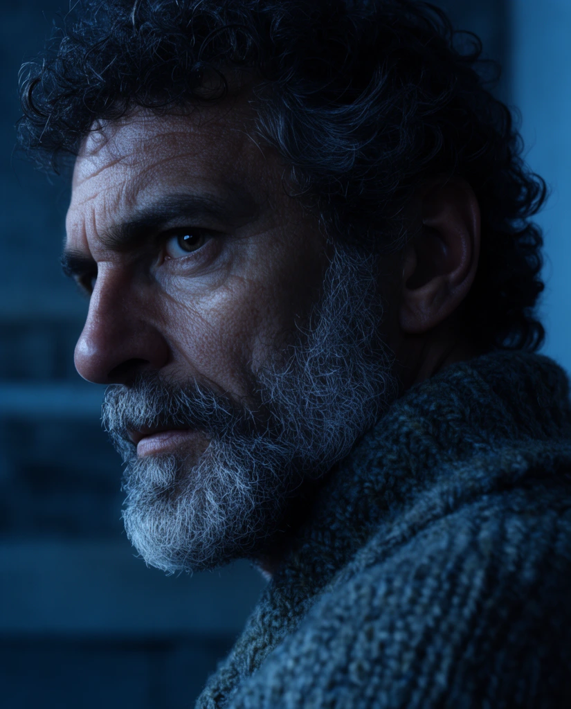 rugged older man with salt-and-pepper beard, dark curly hair, intense stare off-camera, thick wool sweater, deep shadows, cinematic profile close-up, dramatic cool blue lighting, sharp focus
