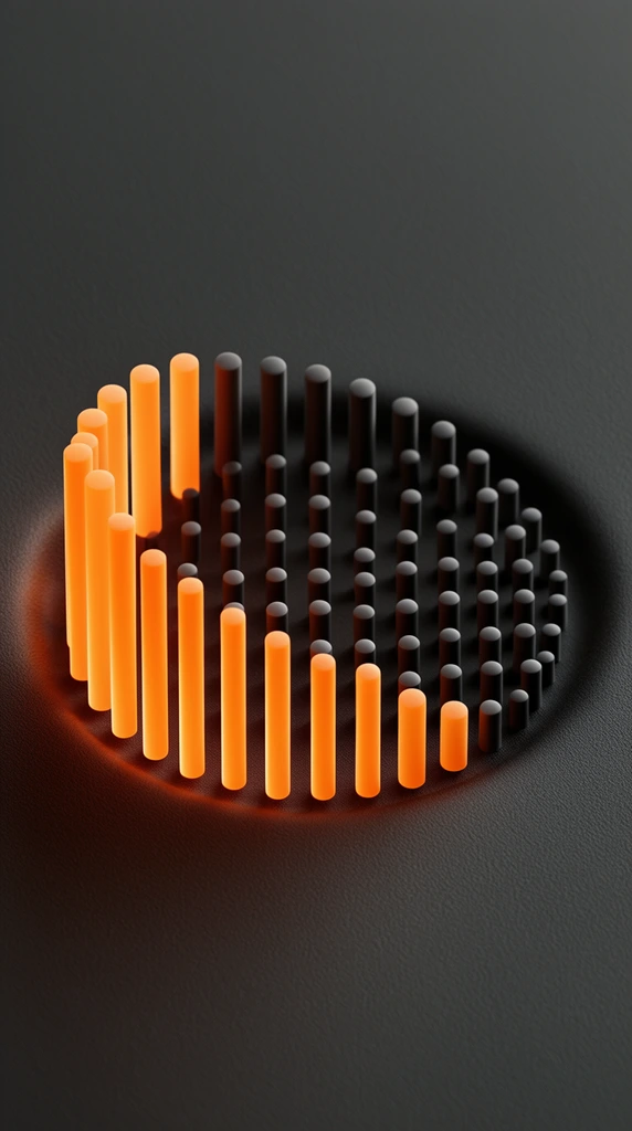 circular array of 3D cylindrical pegs in a shallow depression on a dark textured surface, tall leftward pegs glowing vibrant orange, short dark grey pegs, sleek minimalist design, soft ambient lighting