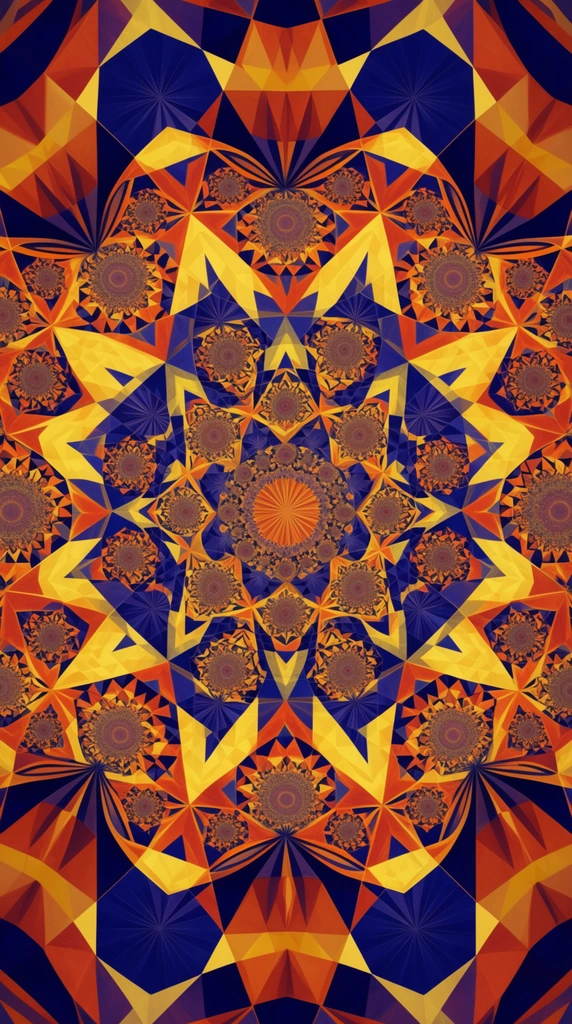 intricate geometric mandala, recursive fractal tessellations, radiating starbursts, overlapping triangles, symmetrical kaleidoscopic pattern, deep indigo, golden yellow, burnt orange