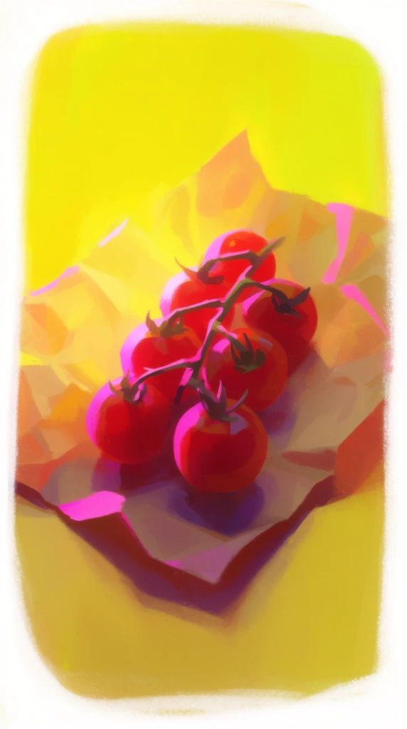 A stylized digital painting of a cluster of cherry tomatoes attached to a vine, resting on a crumpled piece of parchment paper, illuminated by an intensely radiant yellow background and vibrant pink rim lighting. The spherical tomatoes, delicate vine, and angular folds of the parchment are rendered with loose, expressive, painterly brushstrokes, creating soft edges and distinct, blocky color transitions. A bright, warm lemon-yellow backlight completely fills the environment behind the subjects, wrapping around their forms to cast fiercely saturated hot pink and magenta highlights along their left and upper contours. The deep creases of the crumpled paper and the undersides of the tomatoes are defined by rich, contrasting deep purple and maroon shadows. The central painted composition is bounded by a rough, uneven, soft white border mimicking an organic physical canvas edge, emphasizing a highly saturated, ethereal, and softly blended illustrative aesthetic.
