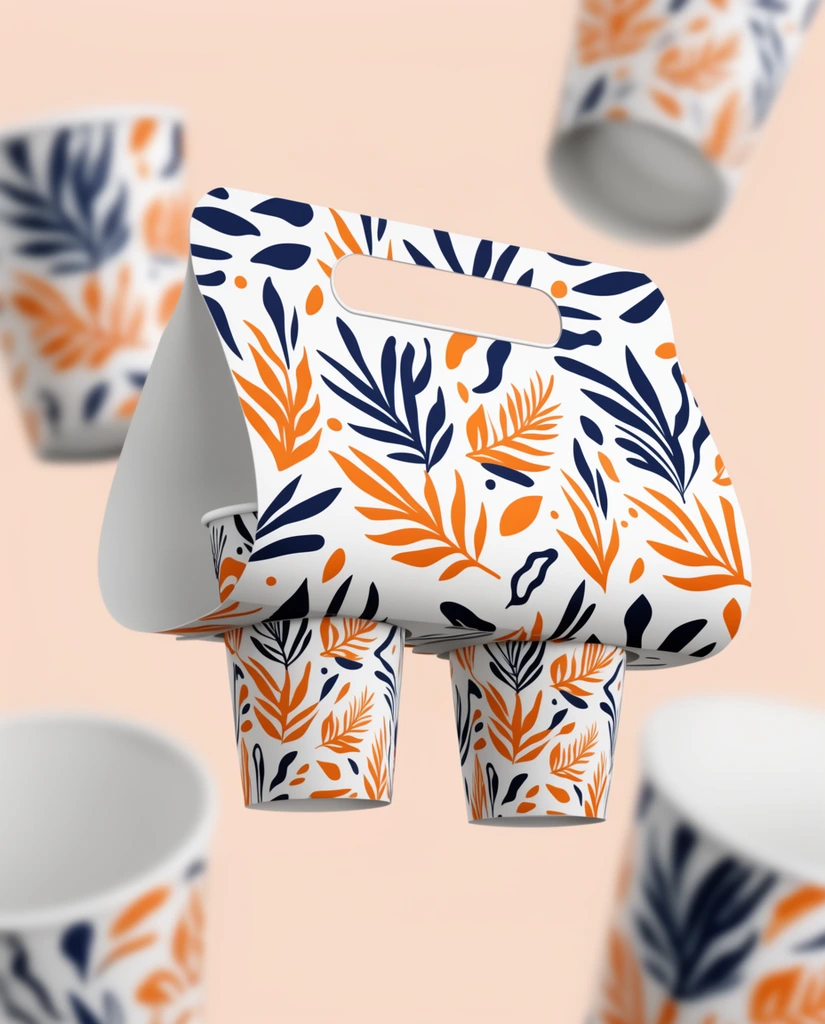 Floating white cardboard beverage carrier, abstract navy and orange tropical leaf patterns, blurred matching cups, pale peach background, 3D product mockup
