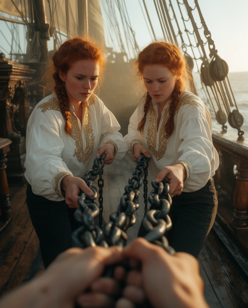 Two female sailors with braided red hair pulling heavy iron chains on a wooden galleon deck, wearing white canvas shirts with gold embroidery, third set of blurred hands in extreme foreground assisting, intricate wooden railings and nautical pulleys, warm golden hour lighting, cinematic backlit haze, distant ocean horizon, cinematic photography