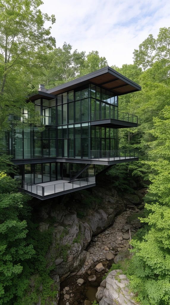 modern glass and steel house suspended over a rocky ravine, dense green forest, cantilevered balconies, floor-to-ceiling windows, dry creek bed, elevated architectural photography