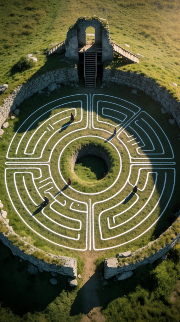 Aerial shot of a circular enclosure in a grassy field. Intricate white lines form a maze-like pattern around a central pit. A stone ruin with wooden stairs sits on the top edge. Tiny figures stand within the design under low-angle sunlight.
