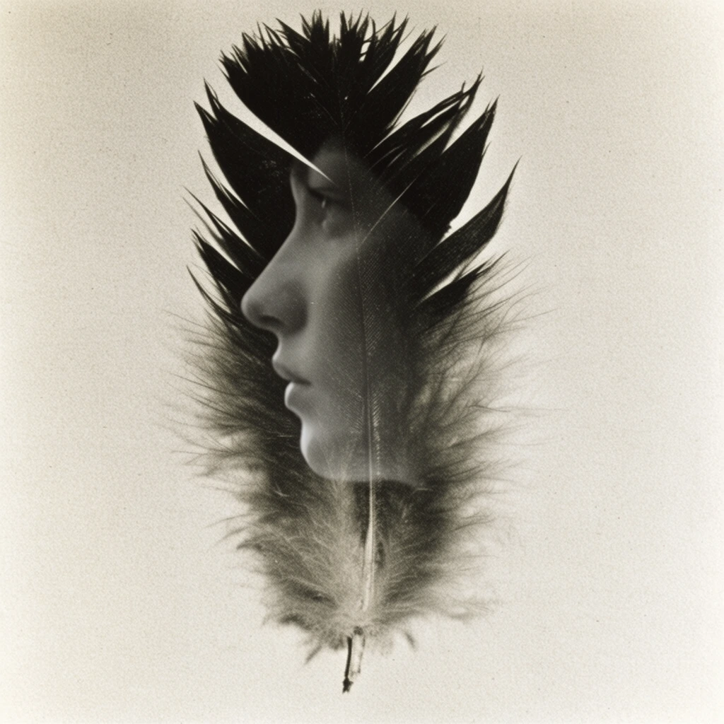 A large dark feather rests vertically against a textured, off-white background in a monochromatic film photograph. A surreal double-exposure effect reveals the delicate side profile of a human face seamlessly integrated within the solid, dark vanes of the feather. The smooth contours of a nose, lips, and chin emerge from the jagged edges and deep shadows of the upper structure. The lower portion of the plume transitions into soft, wispy down, ending in a delicate quill. The composition features heavy film grain and a slight warm sepia tone, merging the organic, intricate textures of the avian feather with a spectral human portrait.