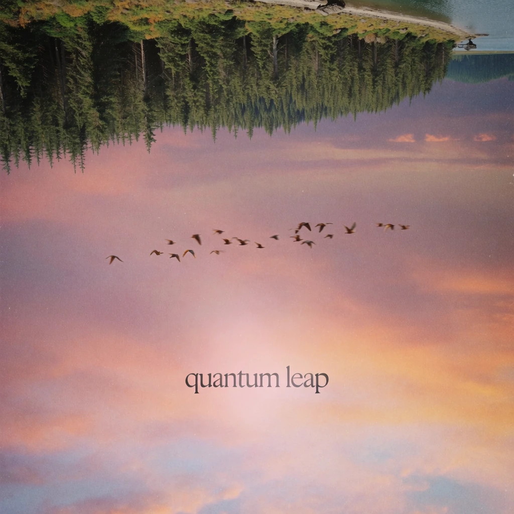 surreal digital collage with an inverted landscape orientation where a dense evergreen forest and grassy shoreline hang from the top, a vast atmospheric sky in gradients of dusty rose violet and soft orange filling the frame, grainy film texture and lo-fi aesthetic, a flock of birds flying across the center, the words 'quantum leap' in clean serif typography floating in the lower third, ethereal lighting with a soft sun glow through branches, muted vintage color palette.