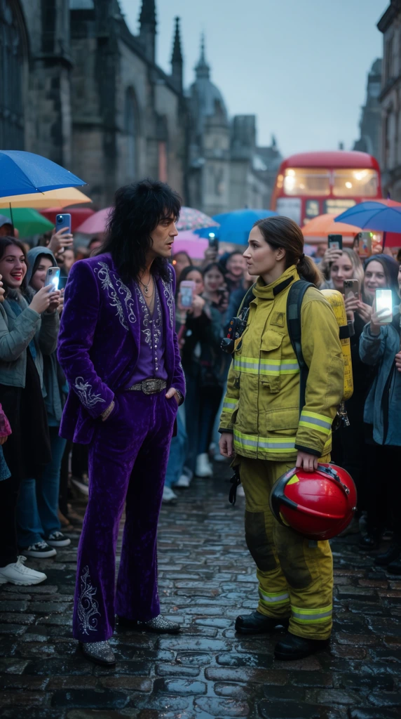 A flamboyant rockstar and a female firefighter converse on a wet cobblestone street surrounded by enthusiastic fans. The rockstar, sporting long dark hair, wears a vibrant purple velvet suit with silver embroidery, his hands resting in his pockets. Facing him, the firefighter is clad in bulky yellow turnout gear with reflective striping, carrying a red helmet. They share a tense exchange amid a throng of fans holding colorful umbrellas and glowing smartphones. Historic gothic architecture and a vintage red double-decker bus occupy the blurred deep background. Captured with cinematic photography and a shallow depth of field, cool lighting reflects off the slick stones, highlighting the rich velvet textures and rugged safety gear against the bustling urban environment.
