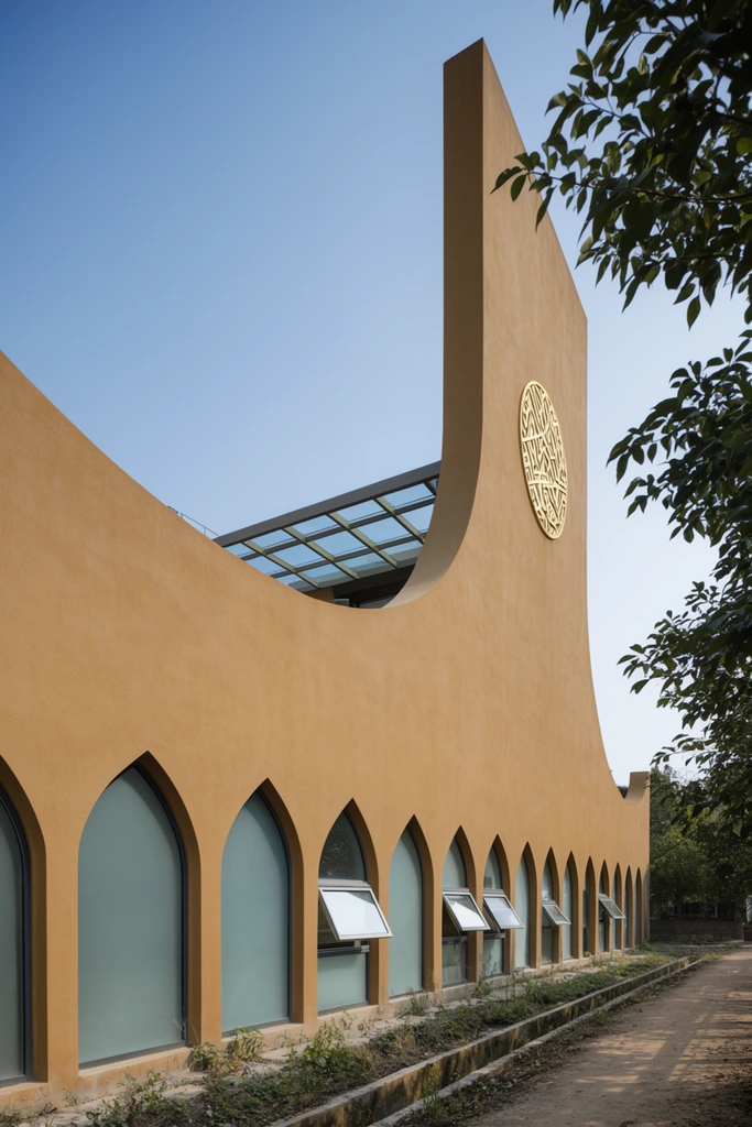 sweeping curved ochre stucco facade transitioning seamlessly into a tall flat vertical tower, circular gold geometric medallion near the top, row of pointed arch windows with frosted glass along the base, some awning windows propped open, modern glass canopy visible behind the curve, dirt pathway running alongside a shallow drainage ditch with weeds, framing tree branches in the upper right foreground, clear blue sky, bright natural daylight, crisp architectural photography