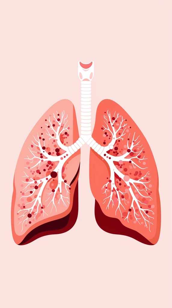 A stylized vector illustration of human lungs centered on a pale pink background. A white segmented trachea descends and splits into a complex, tree-like network of delicate bronchial branches filling both lobes. The lungs are rendered in flat, layered shapes of coral, salmon, and deep maroon to create volume through stark color blocking. Scattered along the white branches are numerous circular nodes and clusters in solid dark red and dotted pink. The minimalist medical aesthetic uses crisp, smooth shapes without outlines, emphasizing the intricate organic pathways and warm, monochromatic color palette.
