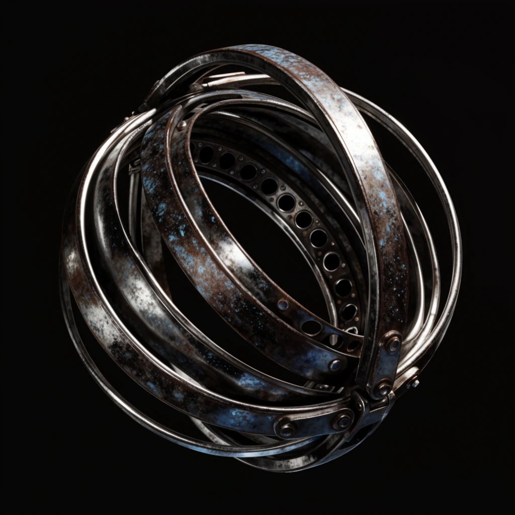 A spherical mechanical structure composed of nested metallic rings floats against a solid pitch-black background. The intricate object features multiple flat, curved bands connected by small rivets and pivoting hinges. Its metallic surfaces are heavily weathered with a textured patina of rust-brown oxidation and pale blue speckles over tarnished silver. Circular perforations detail the innermost bands. Dramatic, high-contrast lighting catches the polished edges, casting the deep inner cavities into dense shadows to emphasize the rich, photorealistic textures of the industrial artifact.
