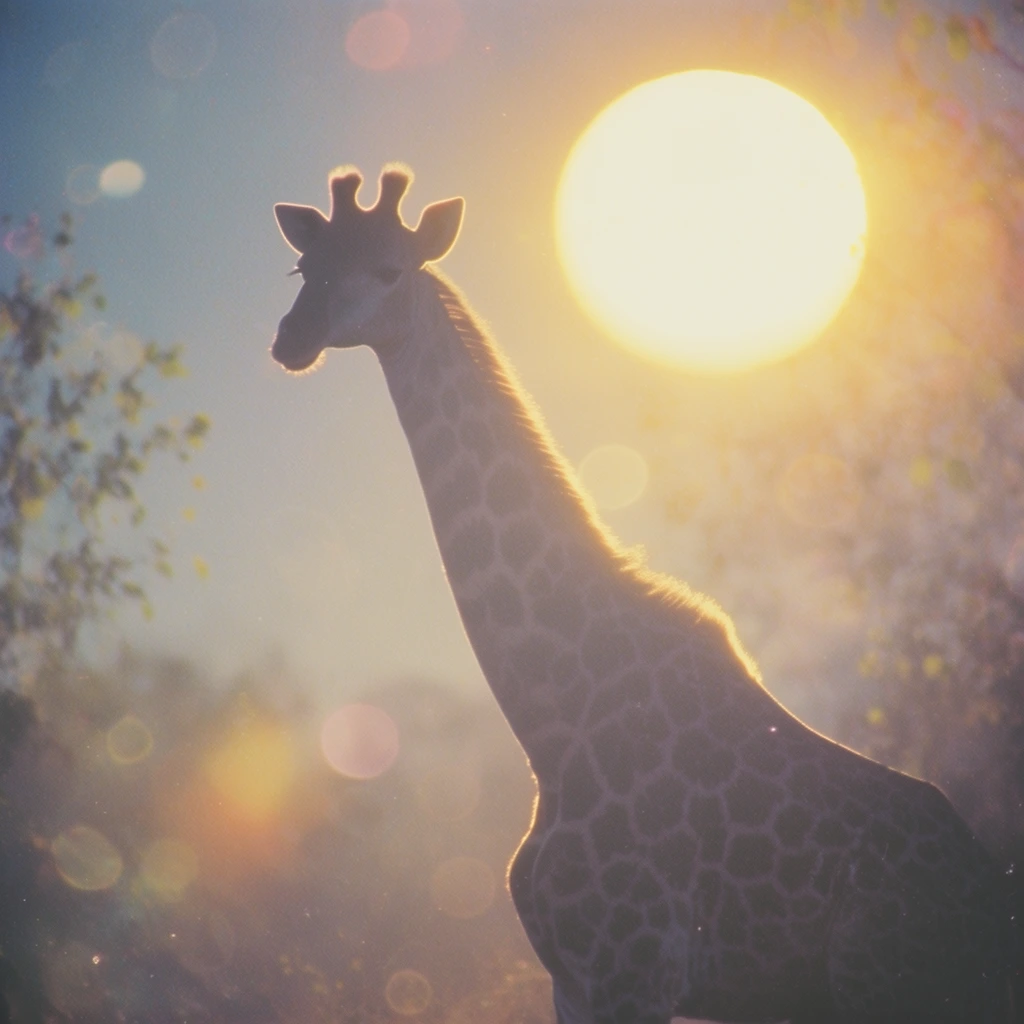 A heavily backlit giraffe stands in a hazy landscape featuring circles and leaves, rendered in a nostalgic, lo-fi 35mm film aesthetic. A massive, intensely glowing sun dominates the soft pastel blue and golden sky, casting the giraffe into a deep, muted silhouette outlined by a vibrant, luminous rim light. The intense backlighting creates prominent optical blooming, soft halation, and subtle glowing lens flares across the composition. Heavy film grain, lifted black levels, and a dense, ethereal atmospheric haze unify the scene, emphasizing the warm, washed-out color palette of muted violet-greys, faded blues, and brilliant golden yellows.