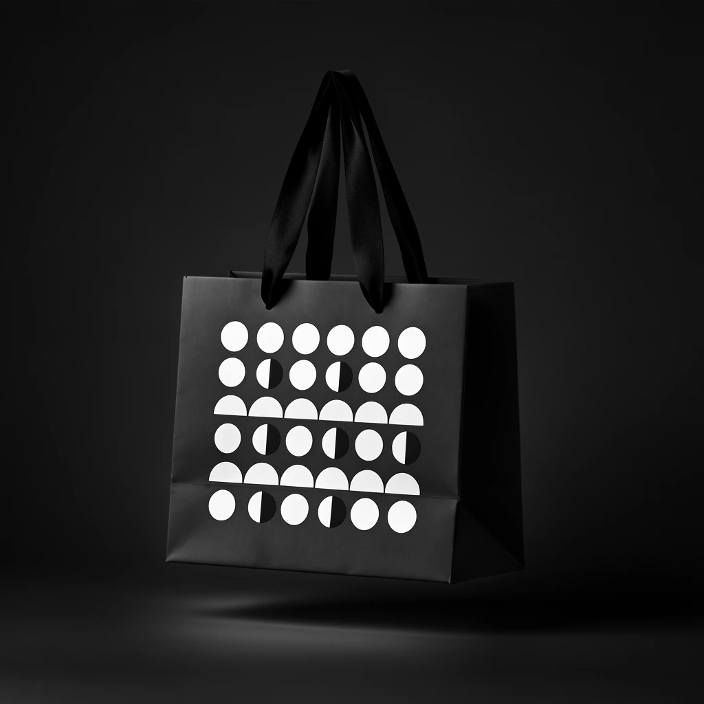 matte black paper shopping bag, black ribbon handles, grid pattern of white circles and semi-circles on front face, floating over seamless dark background, soft drop shadow beneath, minimalist product photography, high-contrast monochrome, matte finish, clean studio lighting