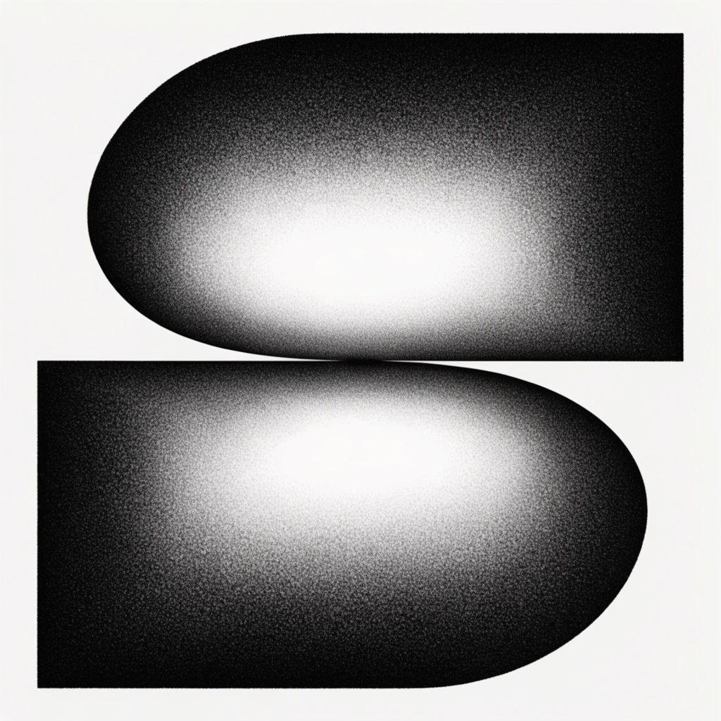 abstract geometric composition, two stacked shapes meeting at a horizontal midline, top shape with a convex left edge and straight right edge, bottom shape with a straight left edge and convex right edge, dense black stippled texture fading into bright glowing white centers, grainy pointillism gradient, three-dimensional volumetric optical illusion, high-contrast monochrome, stark white minimalist background