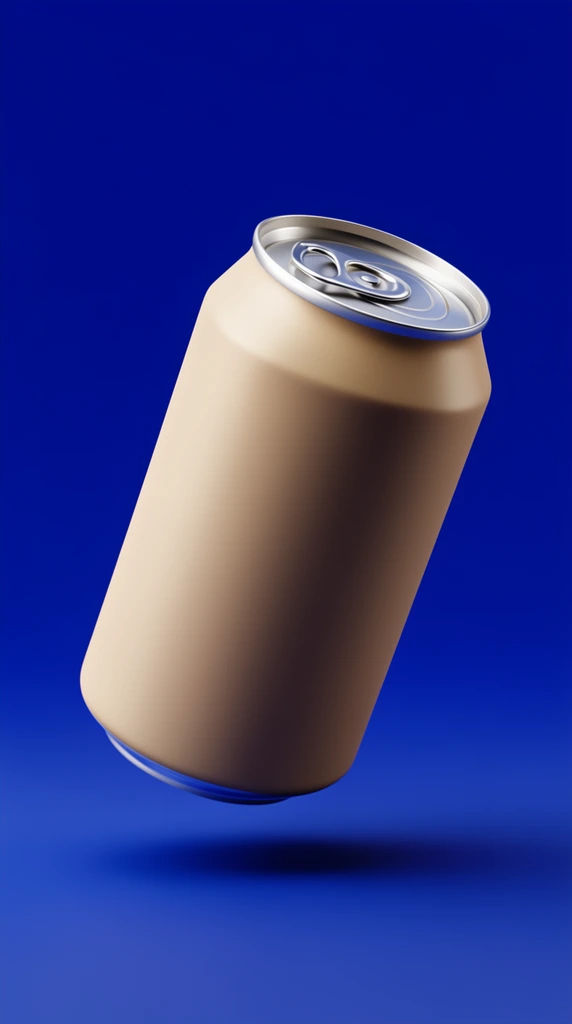 A matte beige aluminum beverage can floats diagonally against a vibrant cobalt blue studio background. The cylindrical can features a reflective silver pull-tab top and casts a soft drop shadow on the seamless surface below, captured in a minimalist product photography style with smooth, diffused lighting.