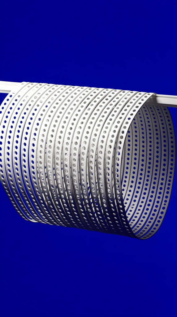 abstract macro photography of repeating flexible white strips with continuous rows of circular perforated edges, strips folded into downward hanging overlapping loops creating a volumetric semi-cylindrical ribbed structure, suspended from a horizontal structural line, intensely saturated solid cobalt blue background, high contrast lighting, sharp shadows, rhythmic repeating patterns, minimalist conceptual art, crisp focus
