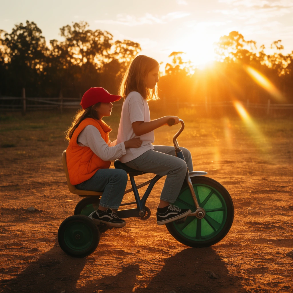 Two girls share a tricycle on a dirt field during a vibrant golden sunset. The driver steers a large green-rimmed wheel while the passenger in an orange vest and red cap holds on from behind. Intense warm backlighting creates lens flares and long shadows across the dry earth, with silhouetted trees and a distant fence completing the cinematic rural landscape.