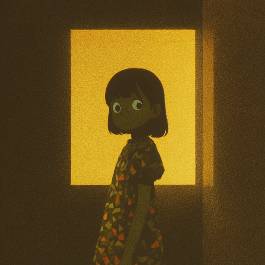 A wide-eyed girl wearing a patterned dress stands inside a deeply shadowed room, striking a stark, semi-silhouetted profile against a brilliantly glowing, rectangular golden light portal. The girl's wide eyes and the geometric shapes of her patterned dress catch subtle, muted highlights within the heavy sepia and olive-toned darkness. The composition employs extreme chiaroscuro and intense backlighting, enveloping the surrounding interior walls in a rich, dark brown void. The illustration is defined by a dense, coarse stippled texture and heavy grain, evoking vintage risograph printing or mid-century airbrush poster art. The highly graphic, minimalist color palette relies entirely on warm earth tones, dominated by radiant mustard yellow, deep umber, and subtle flashes of burnt orange, contrasting the strict, sharp-edged geometry of the background light with the organic contours of the figure.