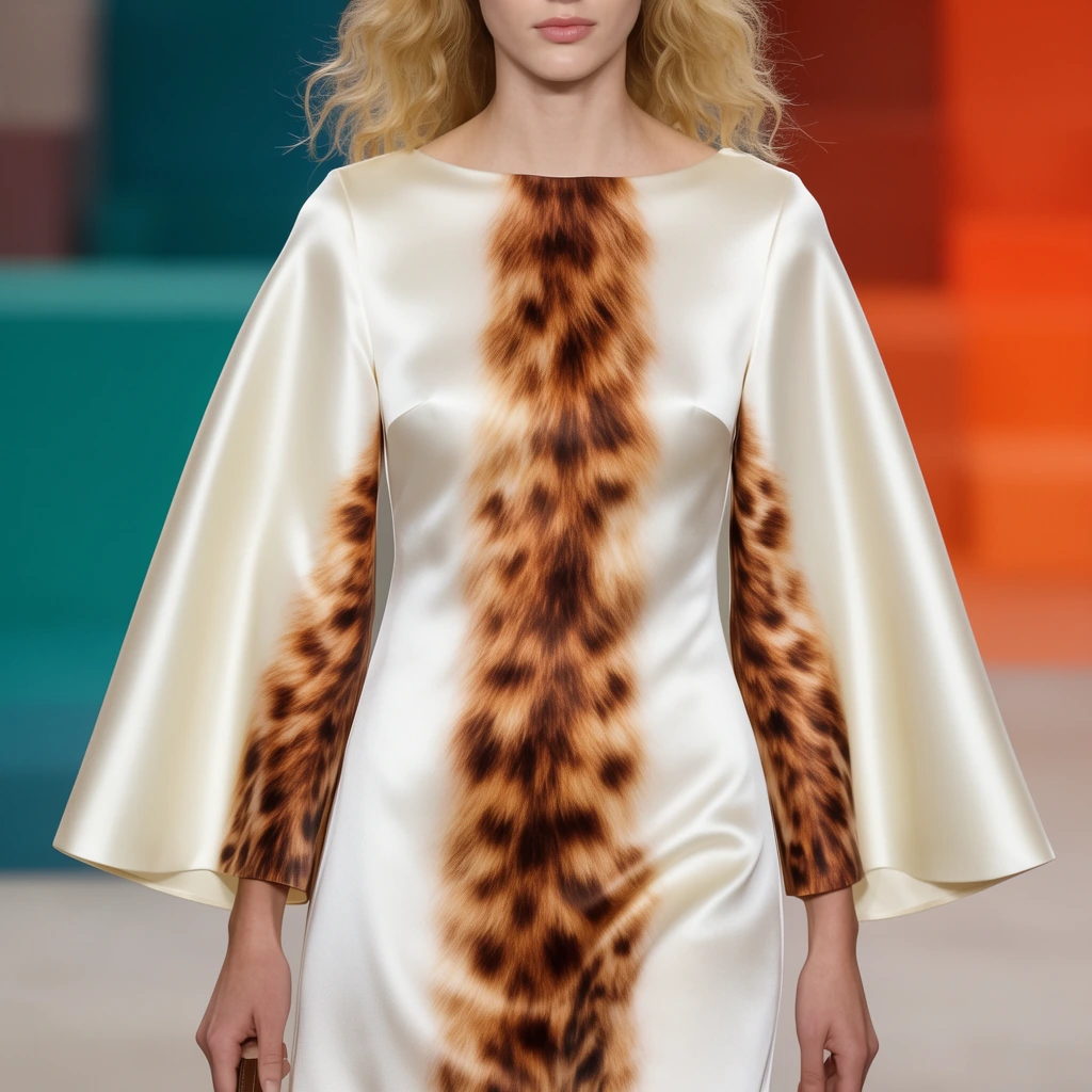structured off-white satin dress with dramatic wide bell sleeves on a runway model, bold hyper-realistic blurred brown animal fur print down the center and inner sleeves, boat neckline, wavy blonde hair, shallow depth of field, softly blurred background featuring teal and orange rectangular blocks, bright even lighting, sharp focus on fabric sheen, high fashion runway photography