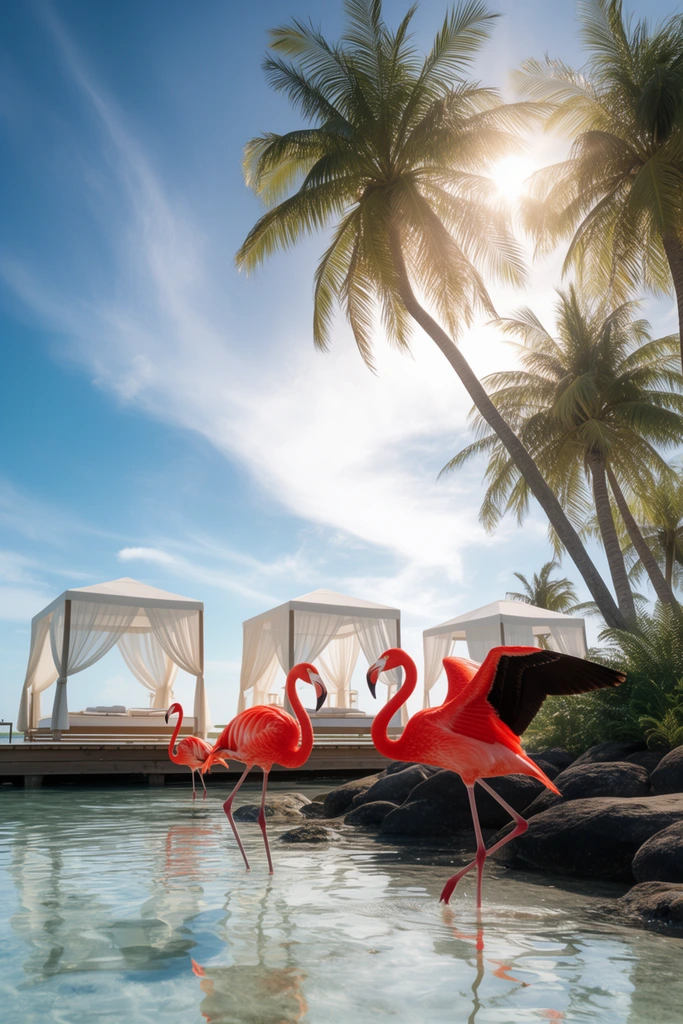 Vibrant red flamingos stand in clear shallow water near smooth dark shoreline rocks, the rightmost bird holding its wings partially extended. A third flamingo wades in the midground before a wooden deck featuring three white canopy cabanas with sheer fluttering curtains. Tall leaning palm trees rise on the right, silhouetted against a brilliant blue sky with wispy clouds. A bright sun shines directly behind the palm fronds, casting a strong backlight over the photorealistic tropical resort setting.