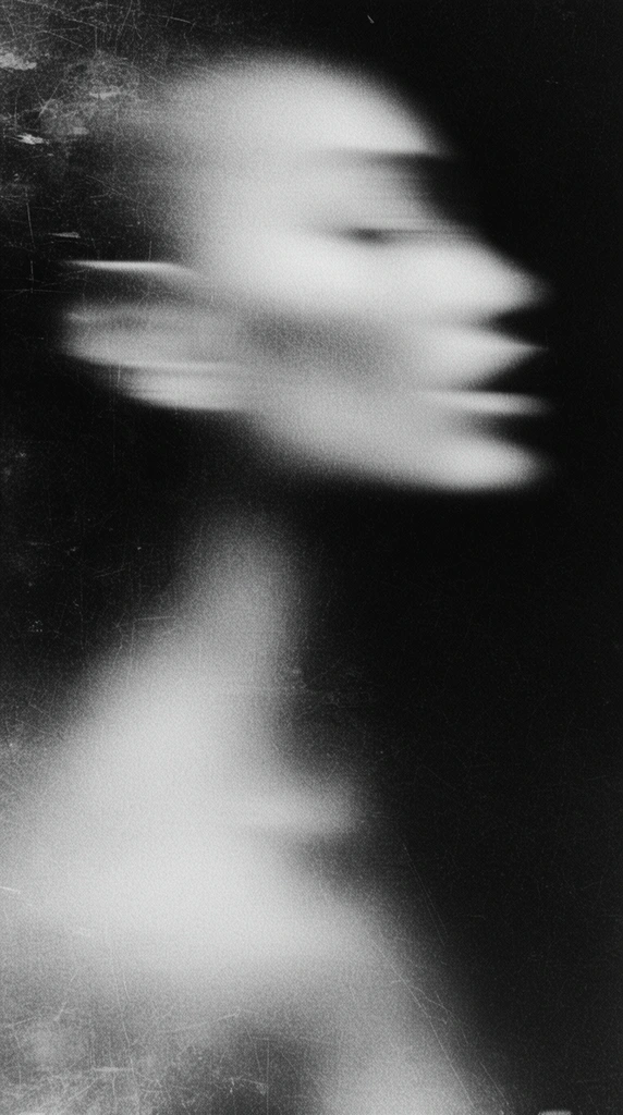 blurred abstract portrait profile, extreme lateral motion blur, black and white, high contrast, heavy film grain, distressed scratched surface texture, dark ethereal atmosphere