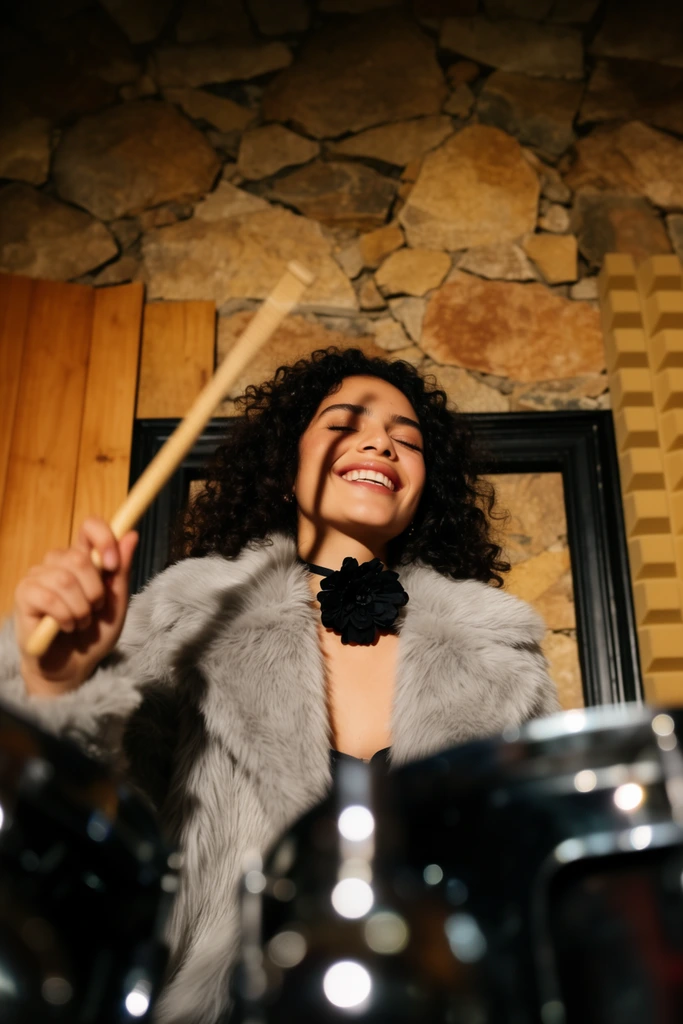A young woman with dark curly hair smiles joyfully with eyes closed while playing a drum kit. She wears a light grey faux-fur coat and a prominent black flower choker. Her right hand raises a wooden drumstick, blurred by motion, casting a sharp shadow across her face. The heavily blurred foreground features dark drum hardware and bright circular bokeh. Behind her is a warm-toned irregular stone wall, wood paneling, a black rectangular frame, and tan acoustic foam. Captured from a low angle with a shallow depth of field, warm directional lighting highlights the rich textures of the fur and stone.