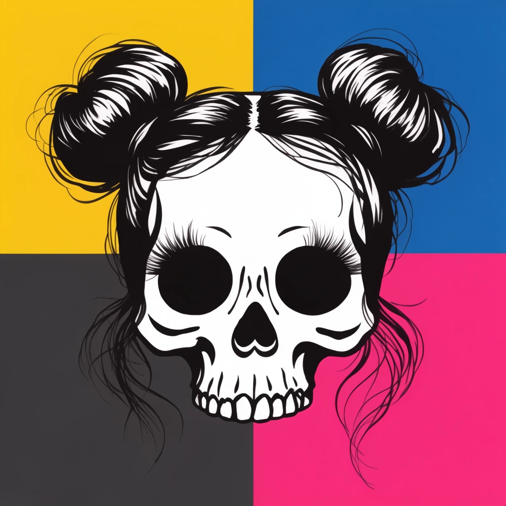A graphic white skull with double hair buns and prominent eyelashes is centered against a flat background divided into four solid-color quadrants of yellow, blue, charcoal, and vibrant pink. The stylized pop-art illustration features stark black-and-white contrast on the skull, detailing large circular eye sockets, a heart-shaped nasal cavity, and loose, wispy hair strands framing the jawline.