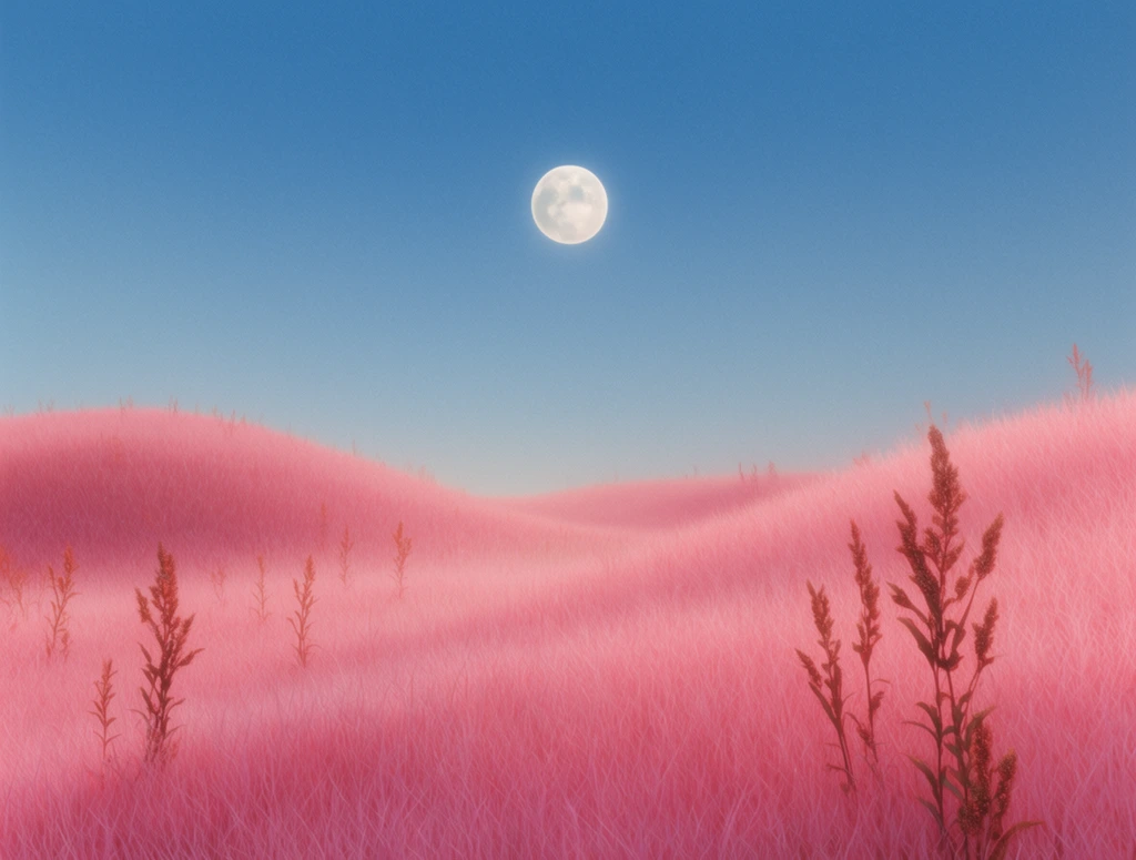 Vibrant pink grass covering rolling hills, sparse reddish-brown plant stalks, full moon high in a clear blue gradient sky, soft dreamy lighting, surreal minimalist landscape, 3D digital art style, subtle film grain
