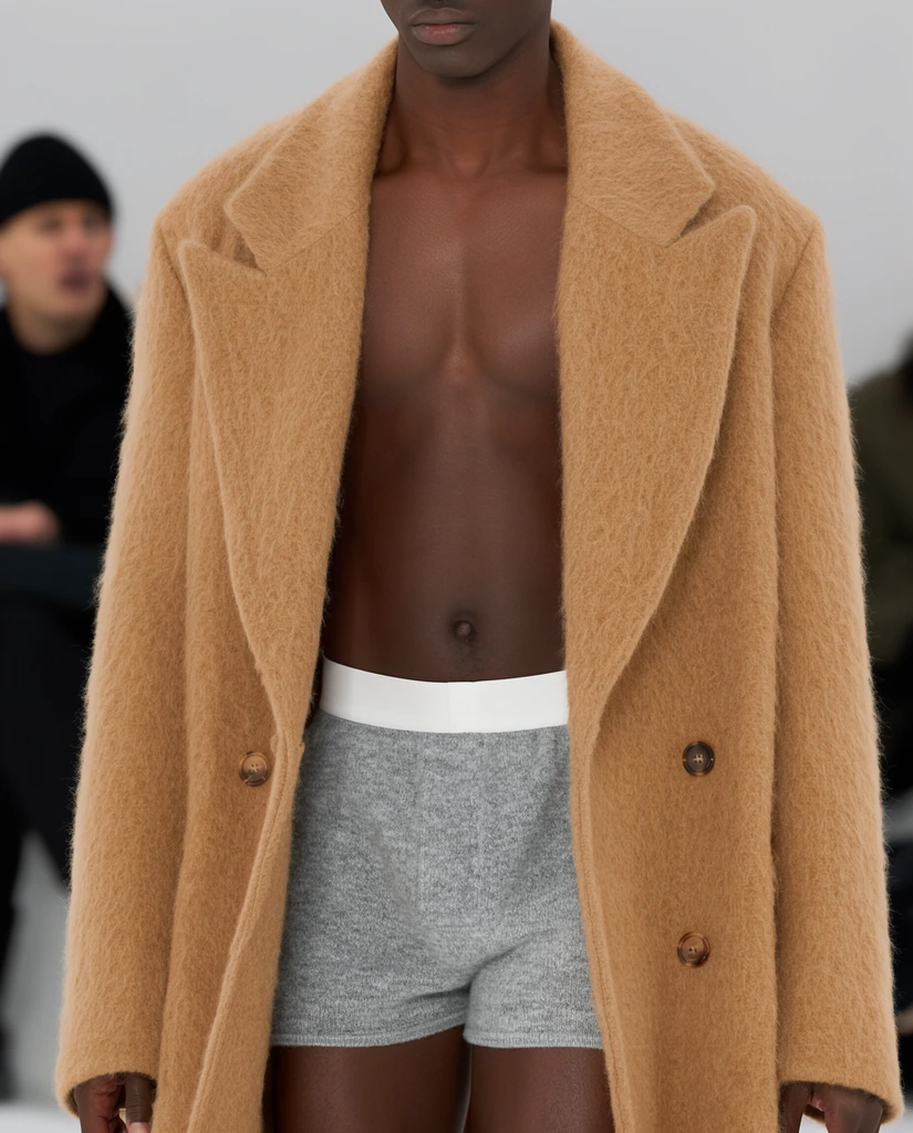 close-up of a dark-skinned man with a bare muscular torso, wearing an open oversized fuzzy camel-colored blazer with wide lapels and brown buttons, heather gray knit boxer shorts with a thick white elastic waistband, bright even runway lighting, shallow depth of field, blurred background with a spectator in a black beanie, high fashion editorial photography, sharp focus on textile textures