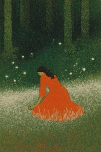 Moody Nocturnal Pastoral style reference image — grainy paper texture