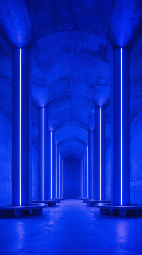 A cavernous architectural space bathed in intense cobalt blue light. Massive square columns receding into a deep symmetrical vanishing point are bisected by glowing vertical neon strips. The vibrant illumination highlights a vaulted concrete ceiling and low curved benches resting on a smooth floor.
