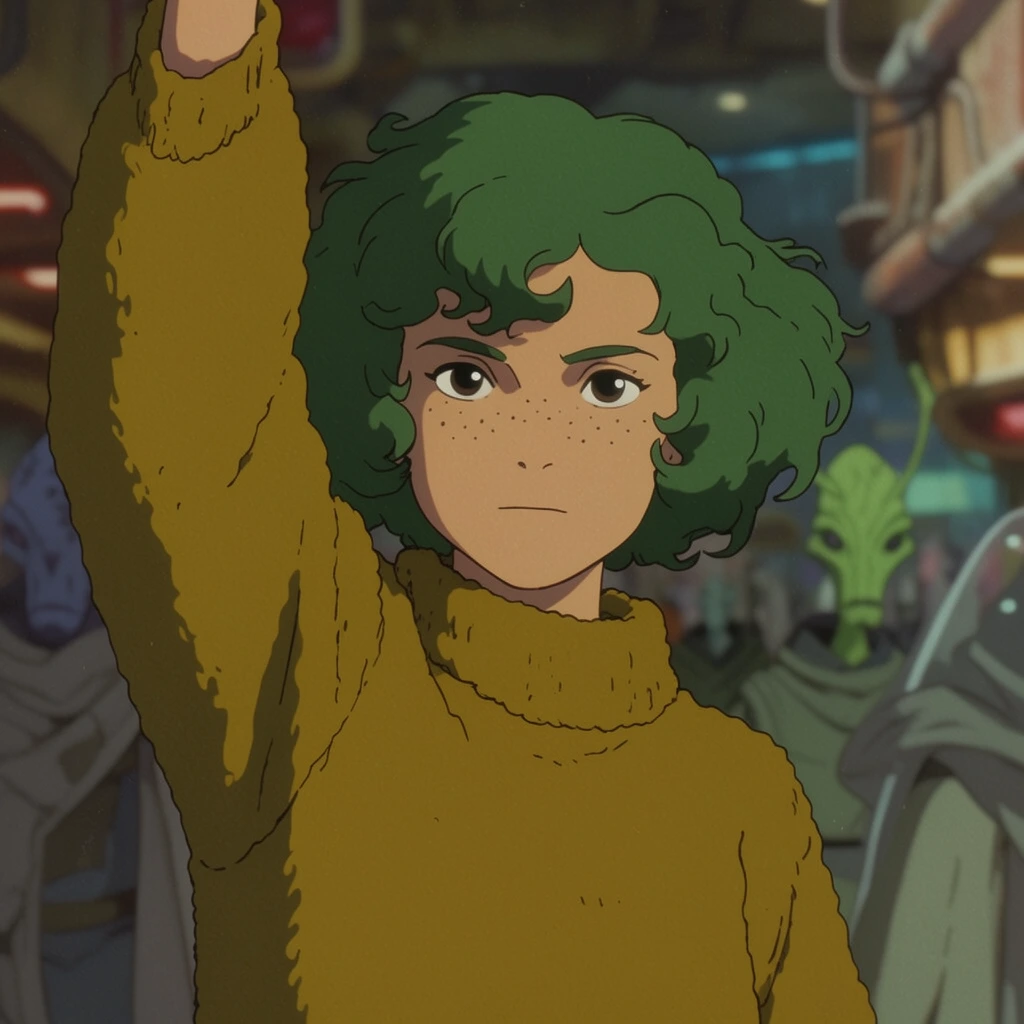 A young woman with short curly green hair and freckles raises her right arm in a futuristic marketplace. She wears a thick mustard-yellow wool sweater and holds a calm, determined expression. The blurred background features passing alien silhouettes. Rendered in traditional cel-shaded 2D animation style with flat colors, clean line art, and a muted earthy palette. Soft diffused lighting highlights her face, complemented by subtle vintage film grain and a shallow depth of field.