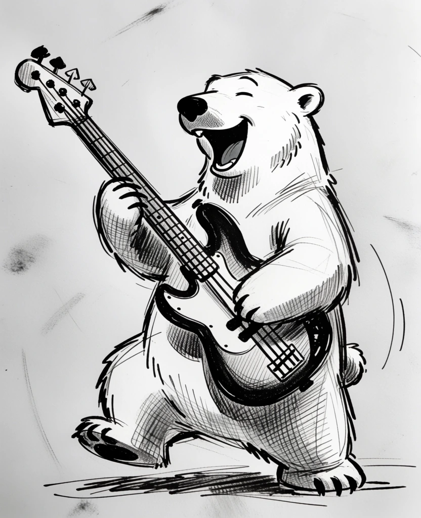 happy polar bear playing bass guitar, 3D character render, playful upbeat vibe