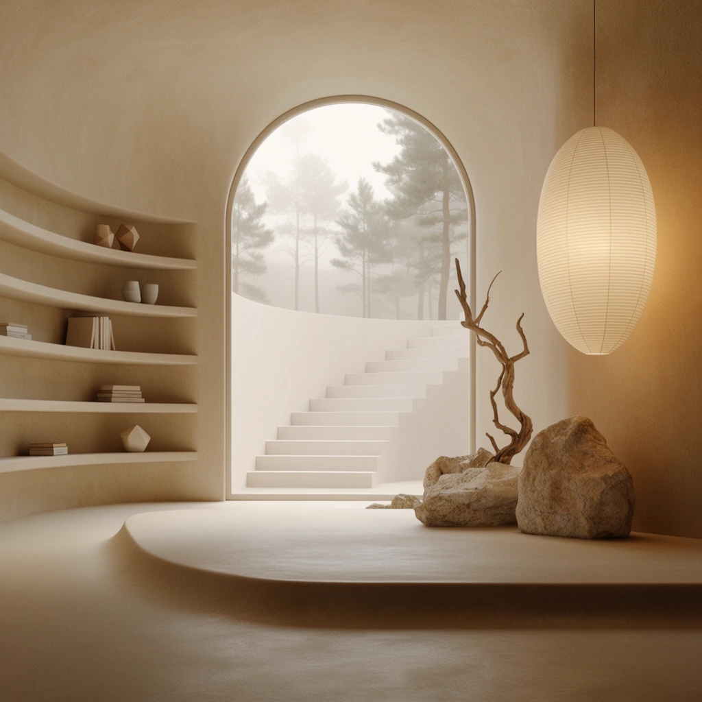 minimalist warm beige interior architecture, large arched window framing a courtyard with white ascending stairs and hazy pine trees, curved built-in shelves displaying sparse books and geometric ceramics, raised floor platform with a smooth sloped edge, glowing oval ribbed paper lantern, rough natural stone, twisted dry driftwood branch, wabi-sabi aesthetic, matte plaster textures, soft diffused ethereal lighting, 3D architectural render, serene liminal atmosphere