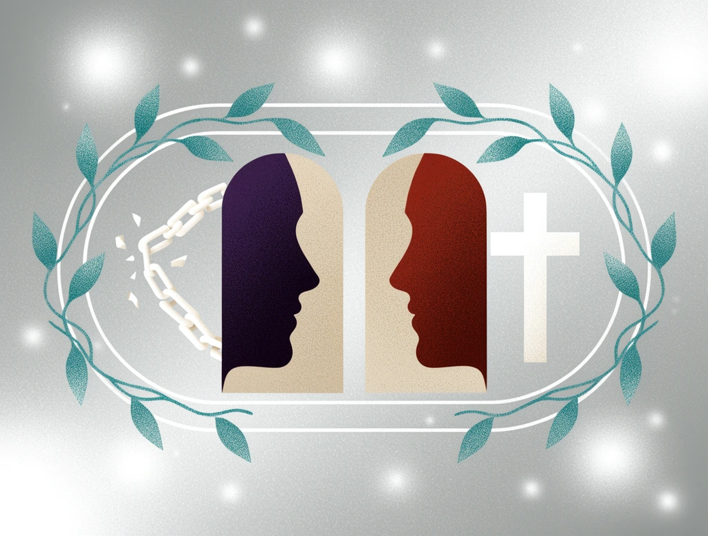 A symmetrical graphic illustration on a luminous silver gradient background speckled with glowing white orbs. A central, double-lined horizontal oval frame is elegantly entwined with stippled teal vines and leaves. Intersecting the center on the left is an arch containing a dark purple silhouette of a face in profile looking inward, positioned beside a shattering white chain. On the right, a mirroring arch holds a deep red facial silhouette looking inward, placed next to a solid white cross. The entire artwork features a distinct grainy, print-like texture across all geometric shapes and organic elements, utilizing a muted palette of sand, teal, deep purple, and brick red to create a highly stylized, ethereal composition.