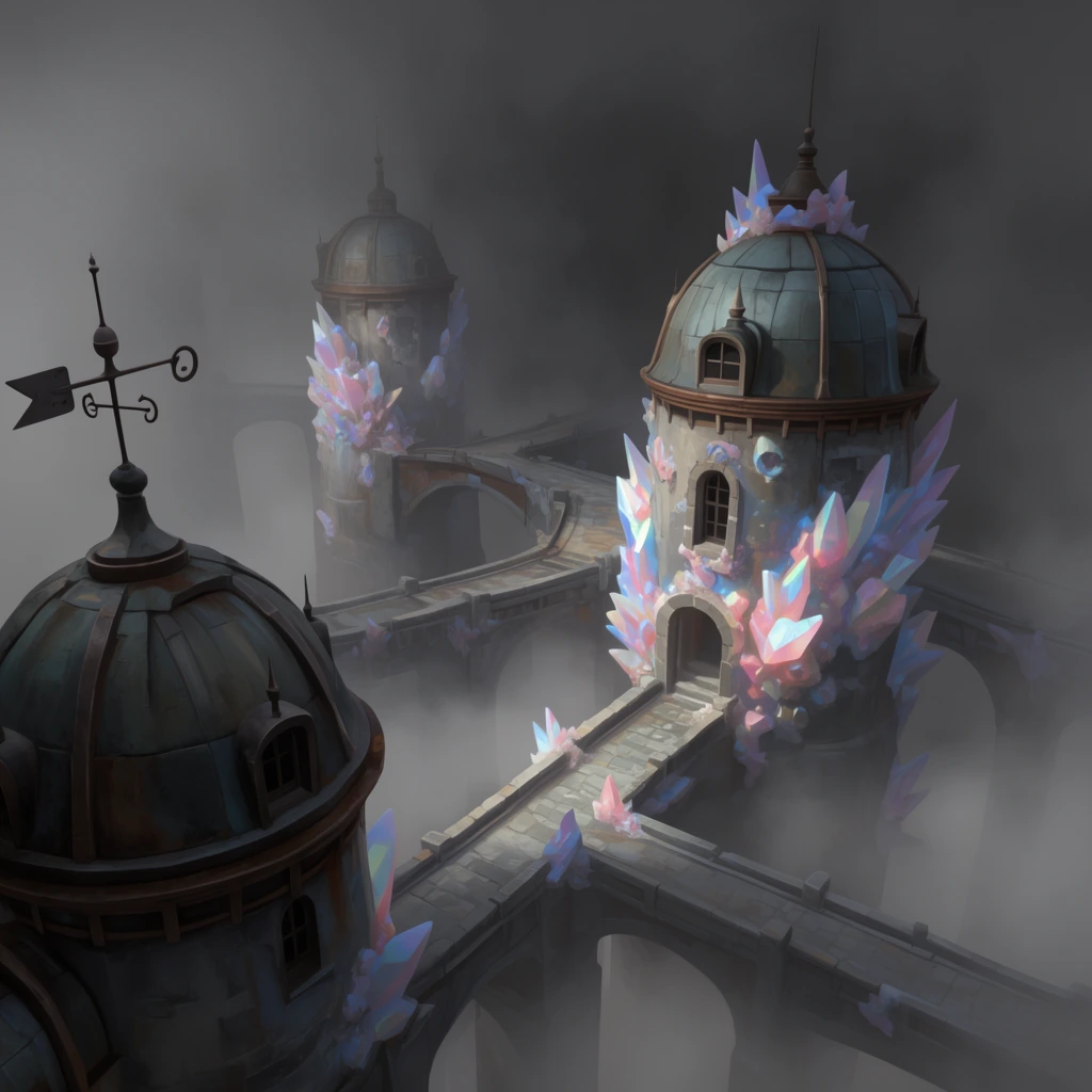 stylized industrial fantasy buildings emerging from dense gray fog, connecting bridges, iridescent pink and blue crystal growths on stone facades, foreground dome with weather vane, moody atmospheric lighting, digital matte painting
