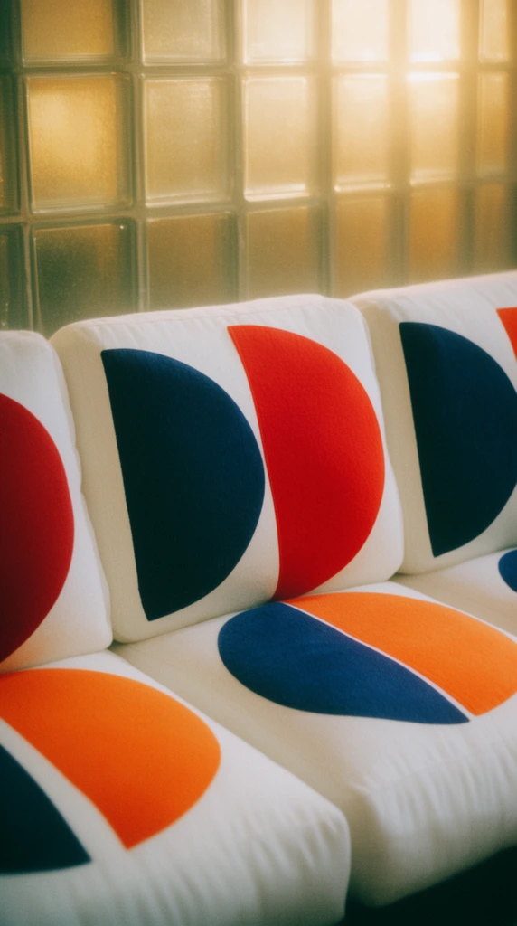 plush modular square cushions with mid-century geometric patterns, stark white fabric, split half-circle motifs in navy blue, vibrant red and bright orange, frosted glass paneled wall background, warm diffused golden backlighting, hazy glow, shallow depth of field, vintage film grain, retro minimalist aesthetic