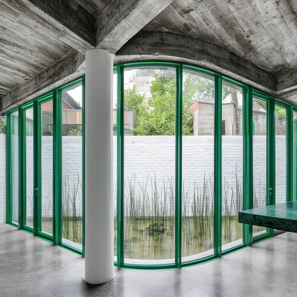 brutalist interior, raw board-formed concrete ceiling, thick white structural column, curved floor-to-ceiling glass windows with vibrant emerald green frames, polished gray concrete floor, view into an enclosed courtyard, white painted brick boundary wall, shallow reflecting pool, thin tall green aquatic reeds, dark green stone counter edge on right, bright natural daylight, architectural photography, sharp focus, wide-angle perspective