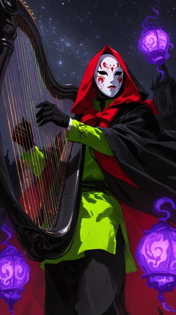 porcelain theater mask, sweeping crimson hood, billowing black cloak over neon green tunic, holding a massive curving harp with glowing strings, floating purple ghostly lanterns, starry night sky, gothic building silhouette, dramatic low angle, 2d anime style