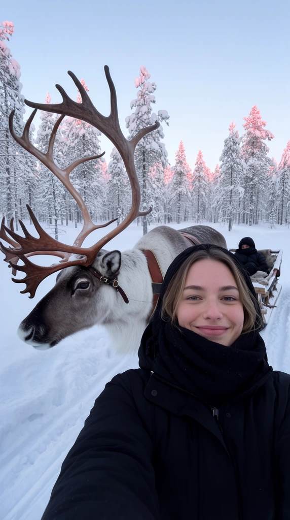 close-up wide-angle selfie of a smiling young woman in a snowy landscape, wearing a black hooded winter jacket and thick black scarf over her chin, a large grey reindeer with massive branched antlers stands in profile behind her, the reindeer wears a brown leather harness attached to a wooden sled, a person bundled in dark clothing sits in the sled, deep pristine snow with sled tracks, dense background forest of snow-covered pine trees, distant treetops illuminated by soft pink alpenglow, pale cool blue winter sky, crisp daylight photography, immersive perspective